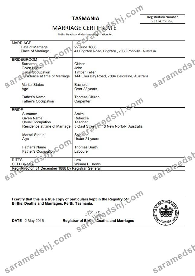 Australia Tasmania marriage certificate template in Word